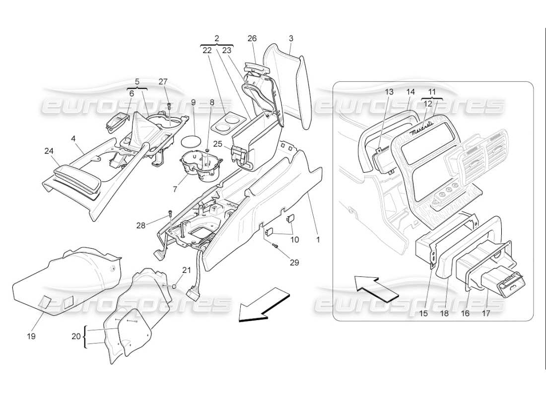 maserati qtp. (2009) 4.7 auto schéma des pièces de la console d'accessoires et de la console centrale