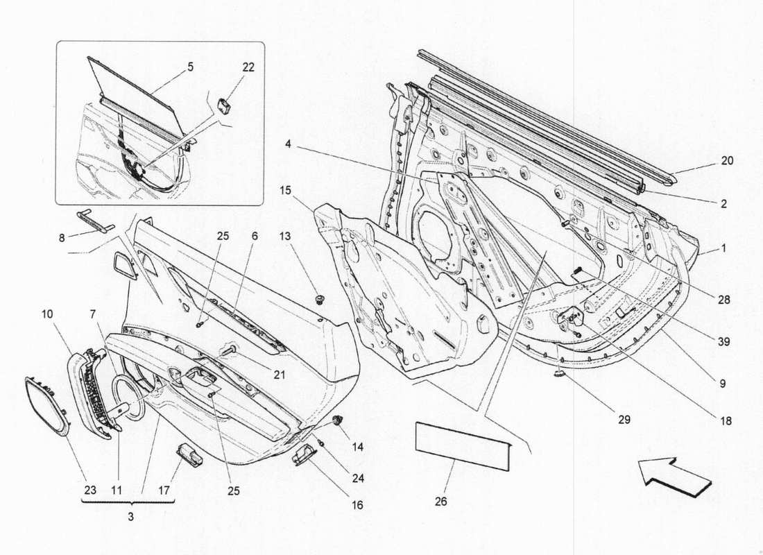 maserati qtp. v6 3.0 bt 410bhp 2015 portes arrière : diagramme de pièces des panneaux de garniture