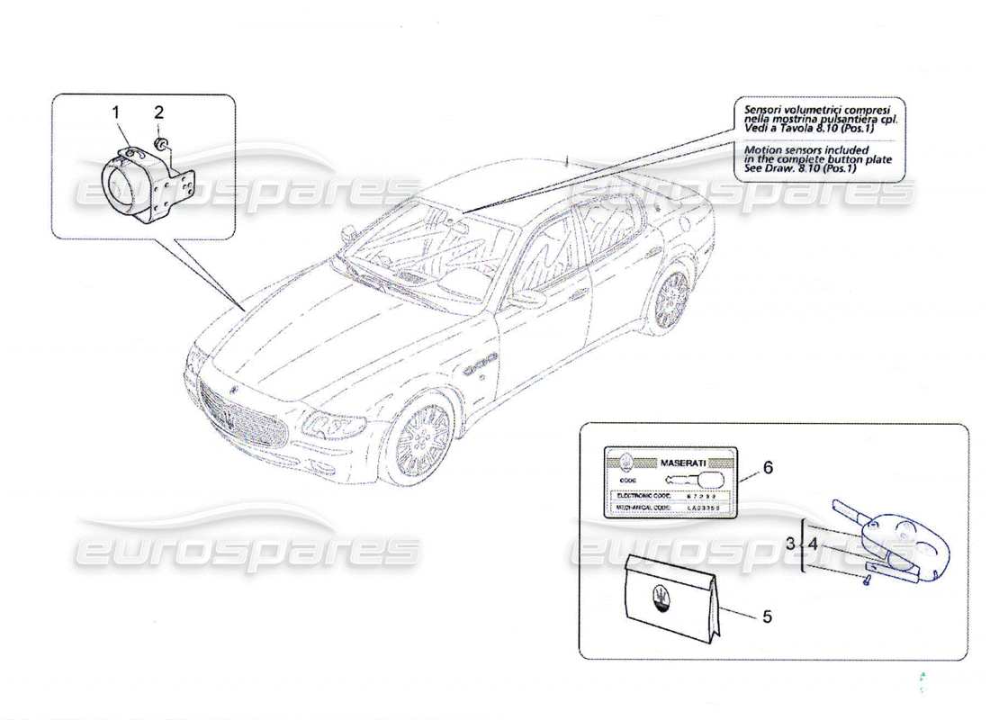 maserati qtp. (2010) 4.7 schéma des pièces du système d'alarme et d'immobilisation