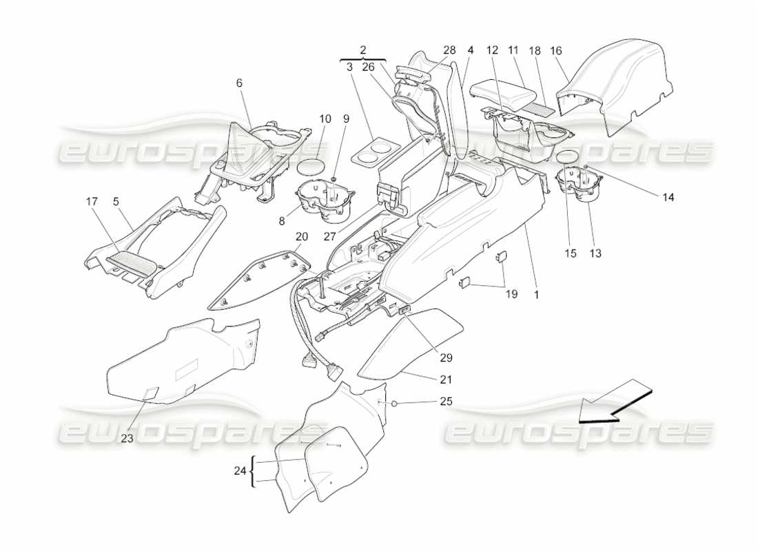 maserati grancabrio (2010) 4.7 schéma des pièces de la console d'accessoires et de la console centrale