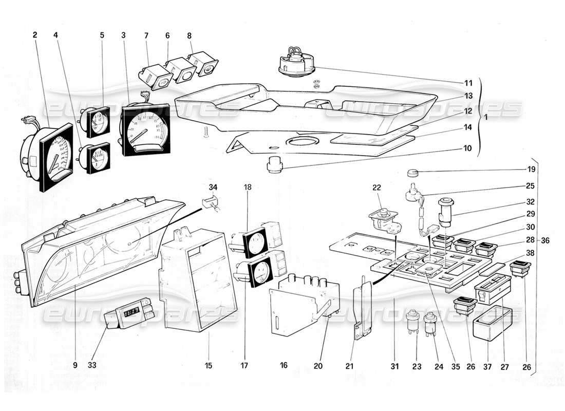 ferrari testarossa (1987) instruments et accessoires d'habitacle (pour la version américaine my 1987) schéma des pièces