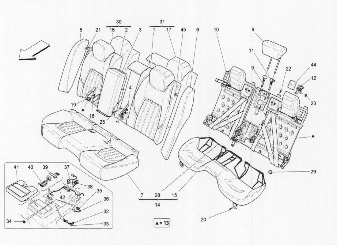 maserati qtp. v6 3.0 tds 275bhp 2017 sièges arrière : diagramme de pièces des panneaux de garniture