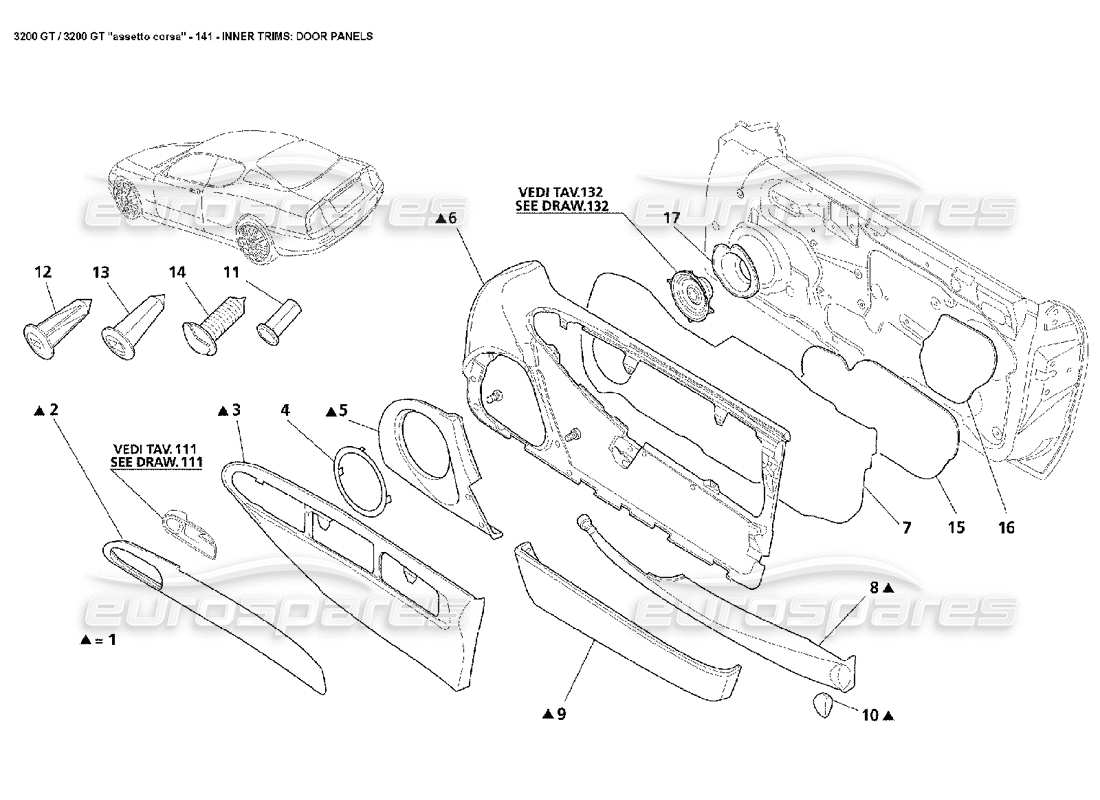 maserati 3200 gt/gta/assetto corsa garnitures intérieures : diagramme de pièces des panneaux de porte