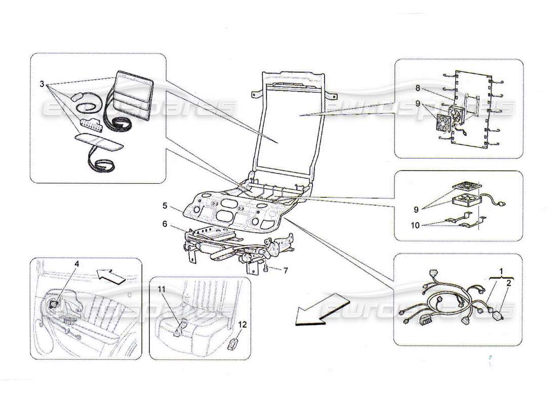 maserati qtp. (2010) 4.2 sièges arrière : mécanique et électronique schéma des pièces