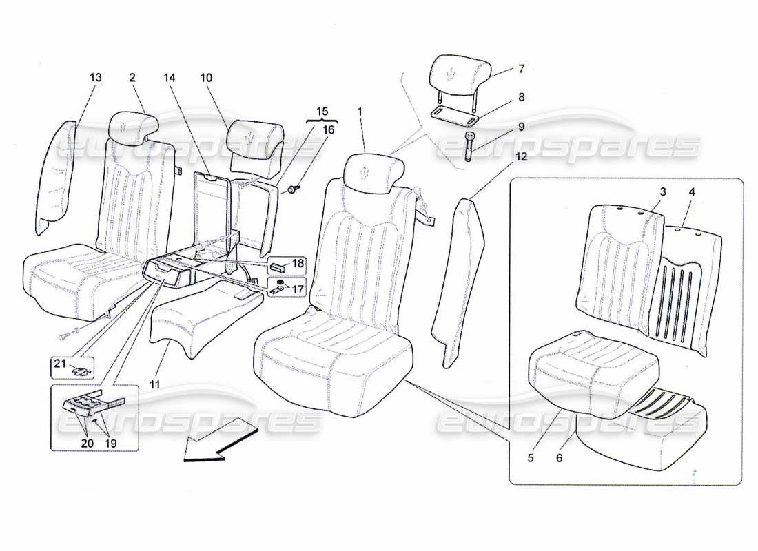 maserati qtp. (2010) 4.7 sièges arrière : diagramme de pièces des panneaux de garniture