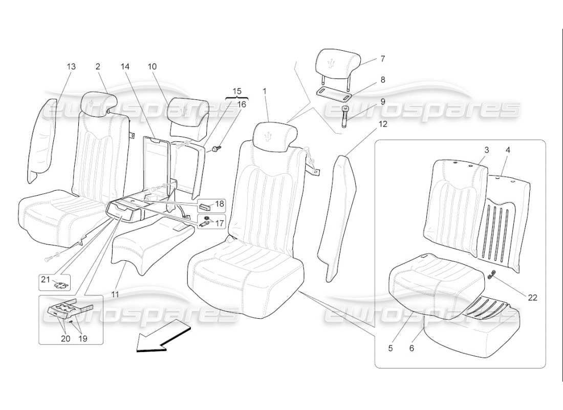 maserati qtp. (2010) 4.7 auto sièges arrière : diagramme de pièces des panneaux de garniture