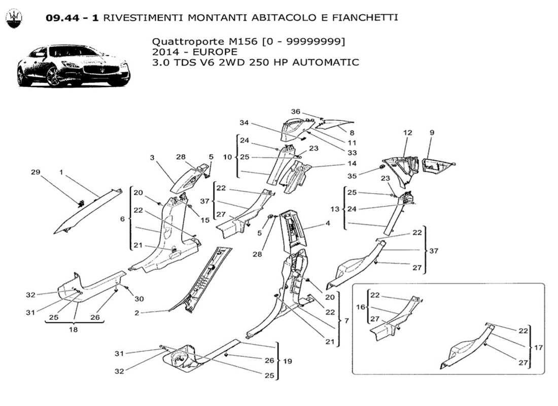 maserati qtp. v6 3.0 tds 250bhp 2014 schéma des pièces des panneaux de garniture et des panneaux latéraux de l'habitacle b