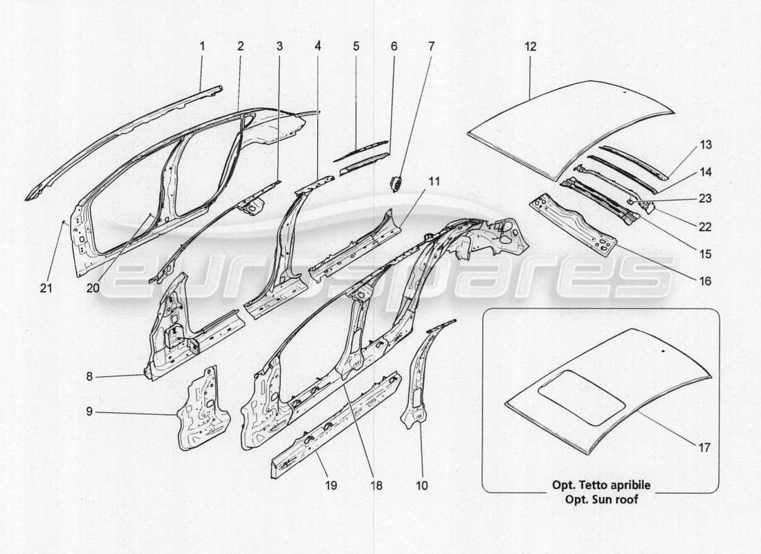 maserati qtp. v8 3.8 530bhp 2014 auto schéma des pièces de la carrosserie et des panneaux de garniture extérieurs centraux