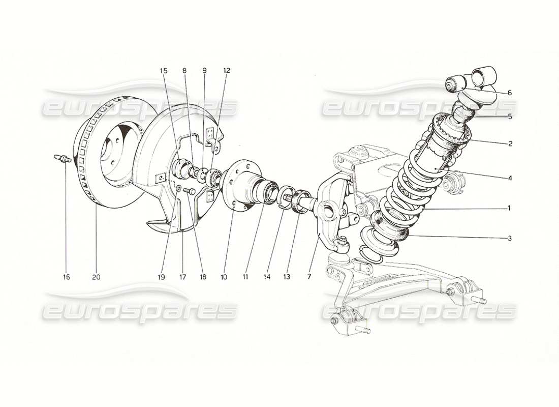 ferrari 308 gt4 dino (1976) suspension avant - schéma des pièces des amortisseurs et des disques de frein