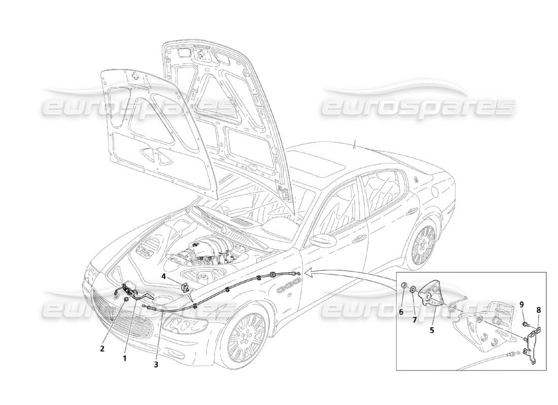 maserati qtp. (2003) 4.2 schéma des pièces du dispositif d'ouverture du capot avant