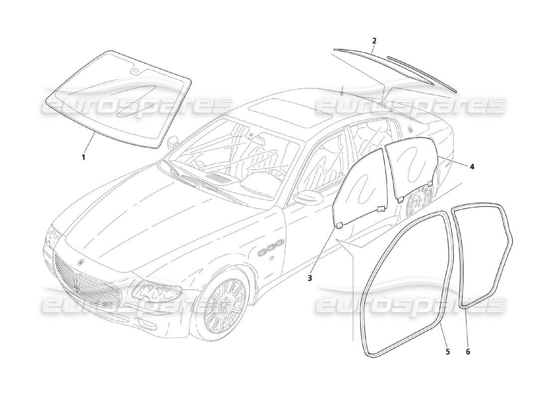 maserati qtp. (2003) 4.2 schéma des pièces des verres et des joints