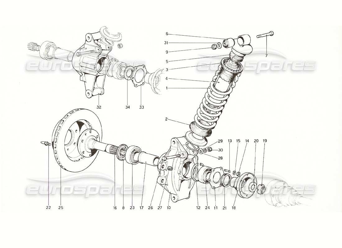 ferrari 308 gt4 dino (1976) suspension arrière - amortisseur et disque de frein - schéma des pièces