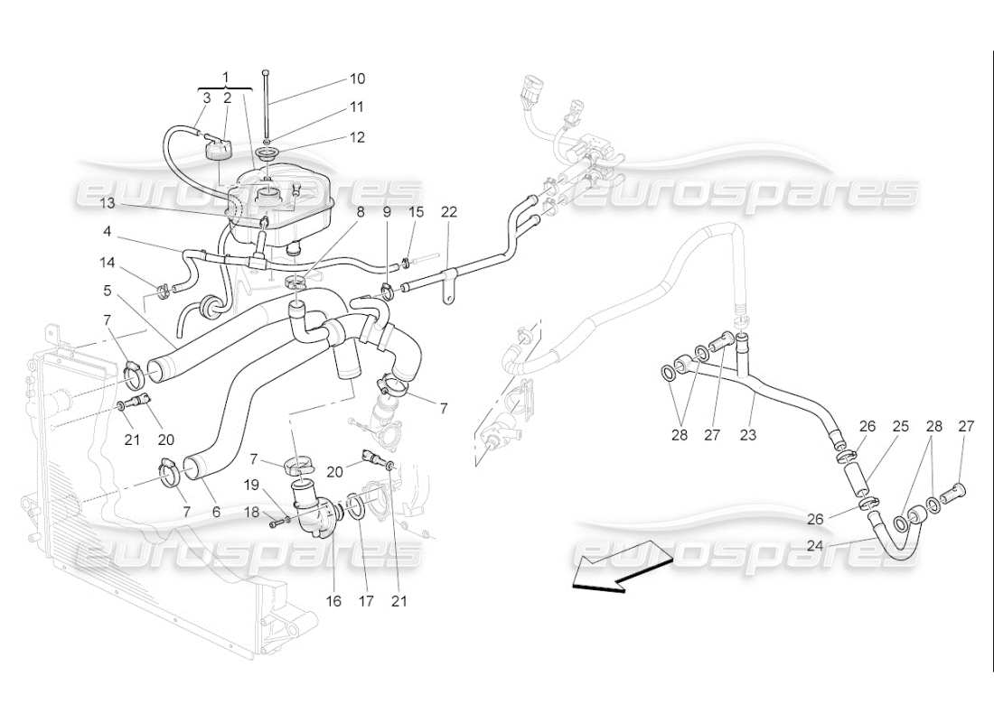 maserati qtp. (2007) 4.2 f1 système de refroidissement : diagramme de pièces nourice et lignes