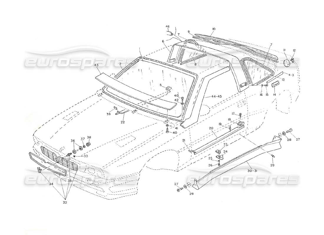 maserati shamal calandre - moulure extérieure - verres schéma des pièces