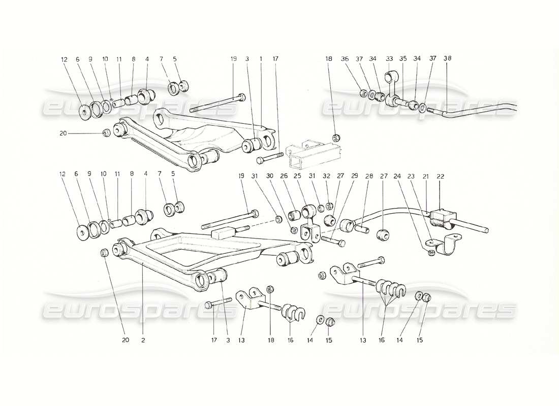 ferrari 308 gt4 dino (1976) suspension arrière - diagramme des pièces des triangles