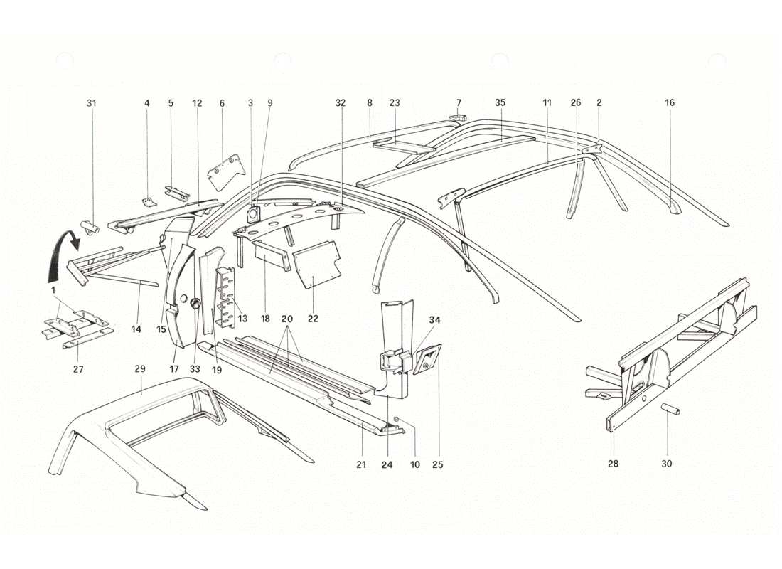 ferrari 208 gtb gts coque de carrosserie - diagramme des pièces des éléments intérieurs
