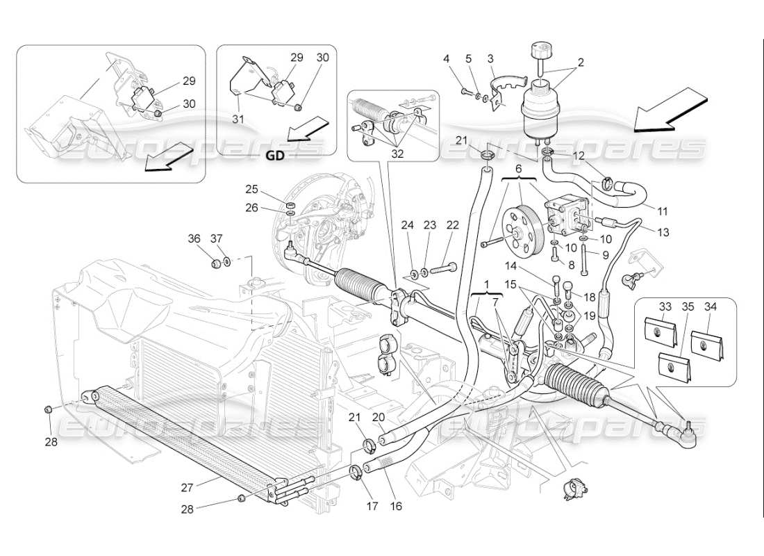 maserati qtp. (2009) 4.7 auto schéma des pièces du boîtier de direction et de la pompe de direction hydraulique