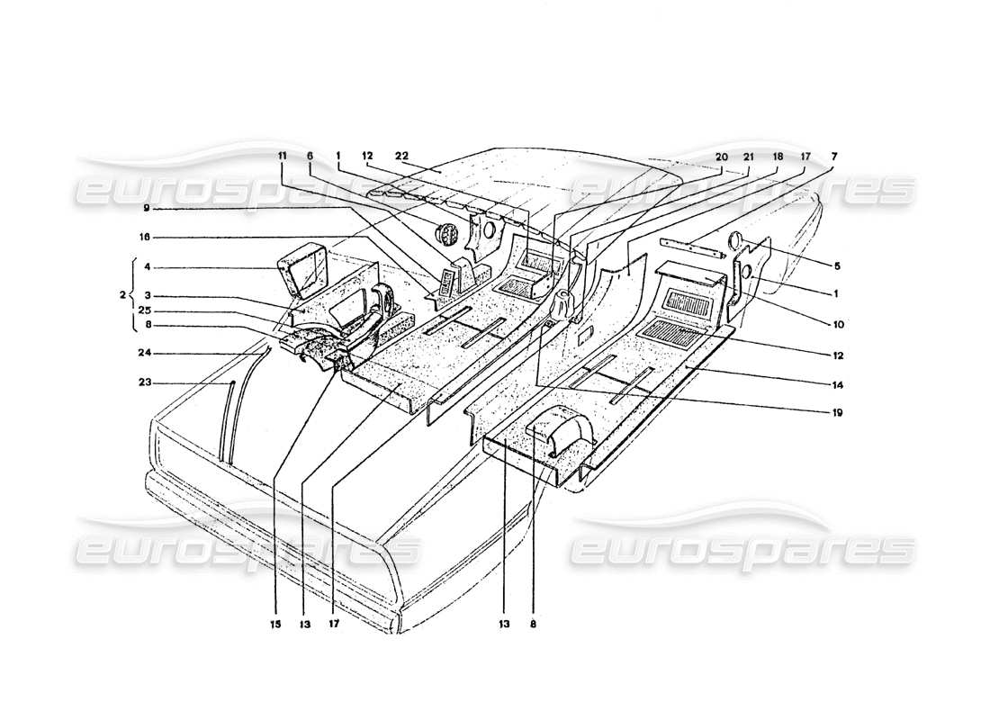 ferrari 365 gt4 2+2 coachwork tapis intérieurs et diagramme des pièces de garniture