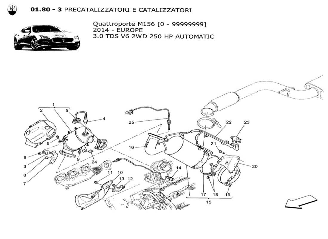 maserati qtp. v6 3.0 tds 250bhp 2014 diagramme des pièces des convertisseurs pré-catalytiques et des convertisseurs catalytiques
