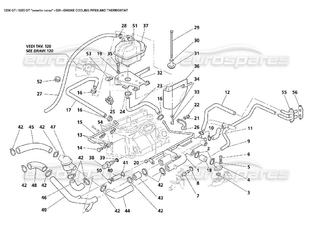 maserati 3200 gt/gta/assetto corsa schéma des pièces des tuyaux de refroidissement du moteur et du thermostat