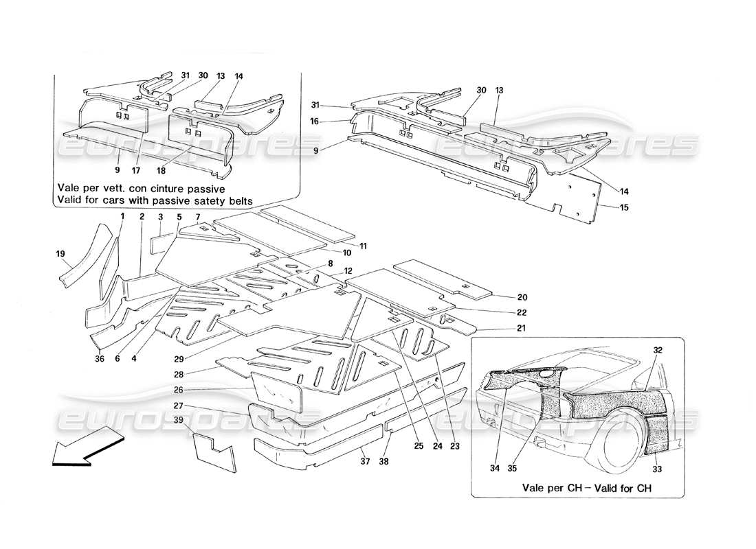 ferrari 348 (1993) tb / ts schéma des pièces des isolations de l'habitacle