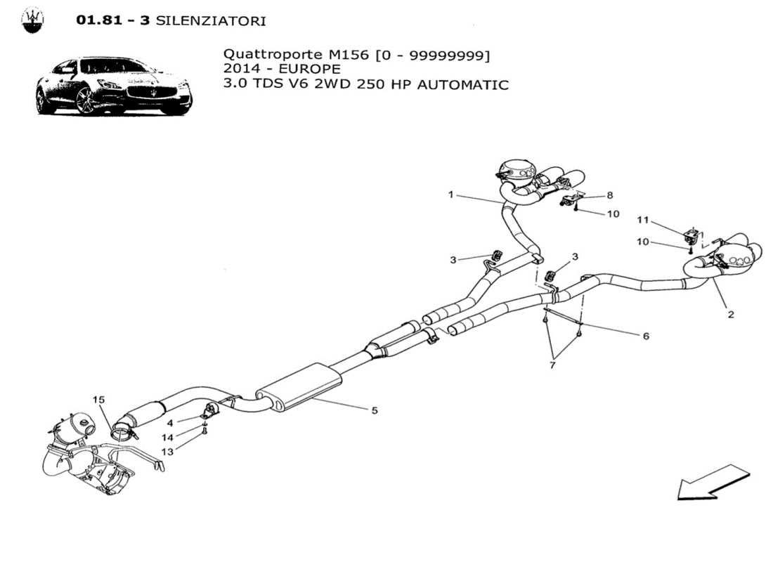 maserati qtp. v6 3.0 tds 250bhp 2014 schéma des pièces des silencieux