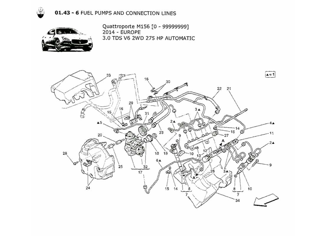 maserati qtp. v6 3.0 tds 275bhp 2014 schéma des pièces des pompes à carburant et des conduites de connexion