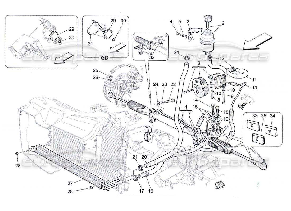 maserati qtp. (2010) 4.7 schéma des pièces du boîtier de direction et de la pompe de direction hydraulique