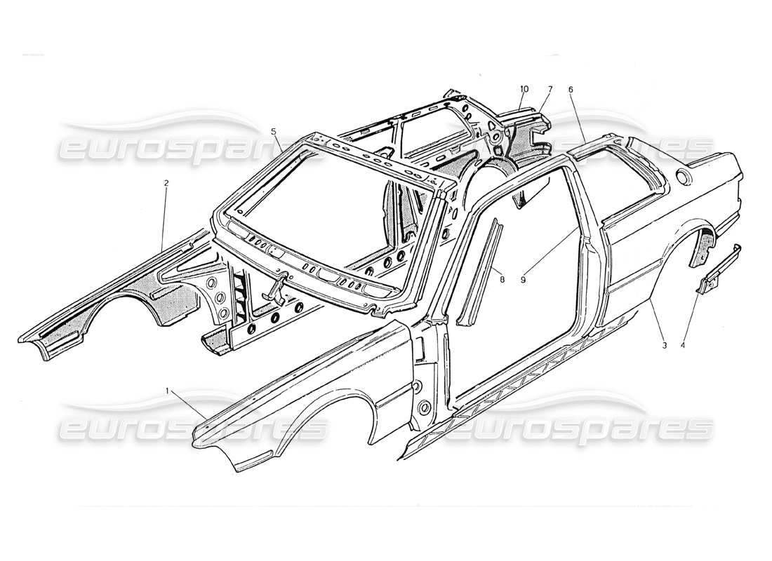 maserati 228 coque de carrosserie : diagramme de pièces des panneaux extérieurs