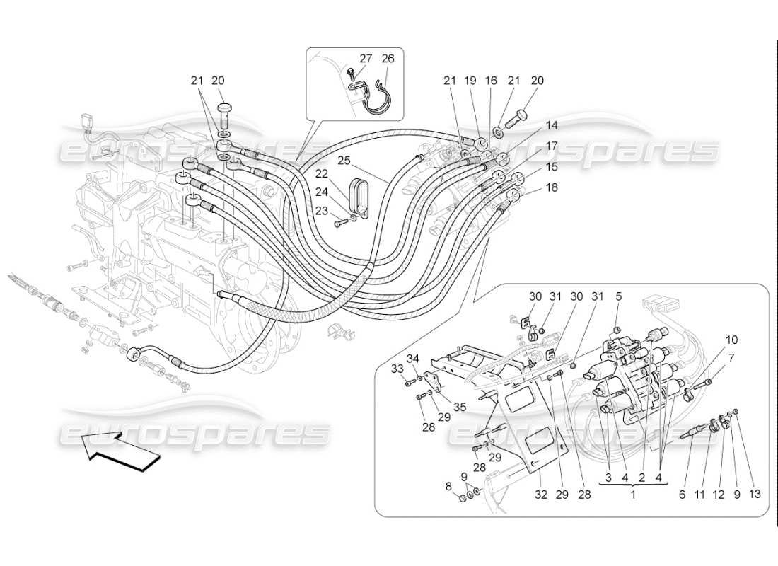 maserati qtp. (2007) 4.2 f1 système hydraulique d’activation de la boîte de vitesses : diagramme des pièces du groupe motopropulseur