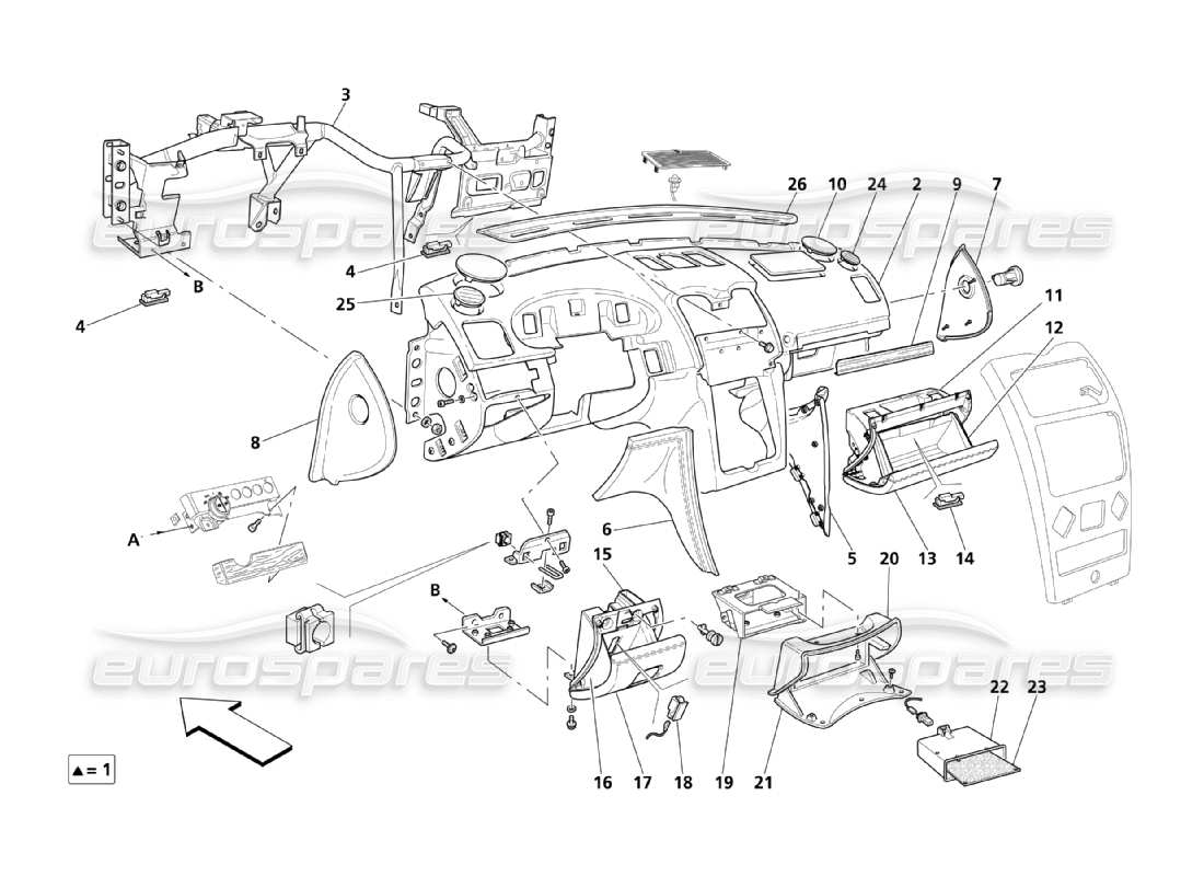 maserati qtp. (2003) 4.2 diagramme des pièces d'assemblage du tableau de bord