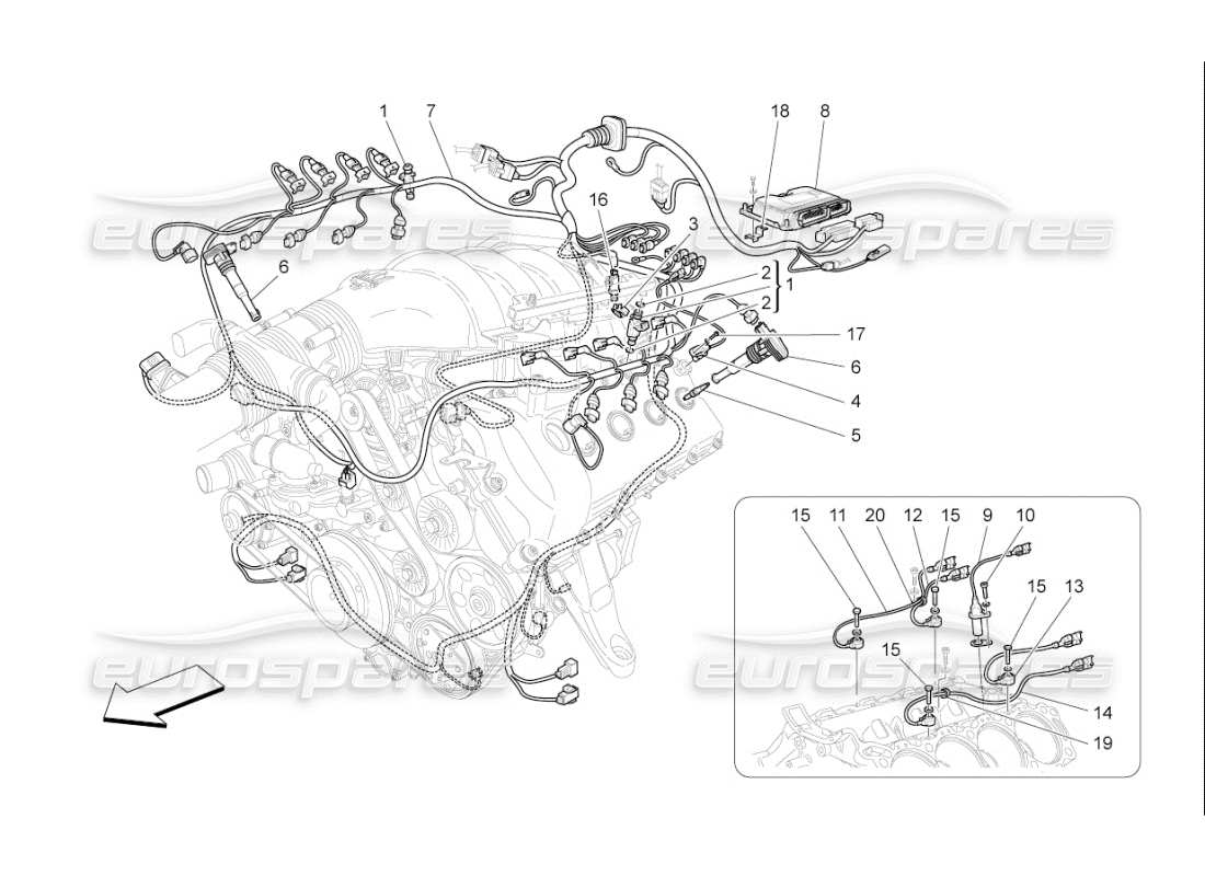 maserati qtp. (2008) 4.2 auto commande électronique : diagramme des pièces de commande d'injection et de synchronisation du moteur