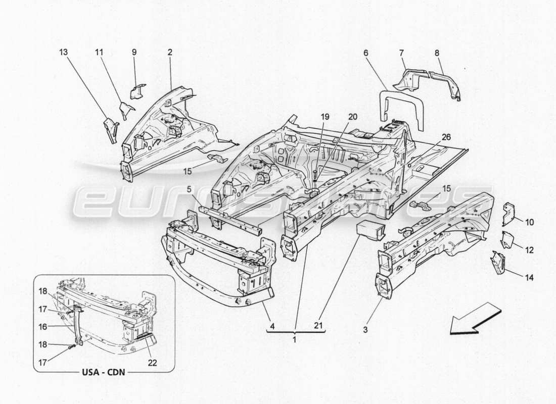 maserati granturismo special edition schéma des pièces des cadres structurels avant et des panneaux en tôle