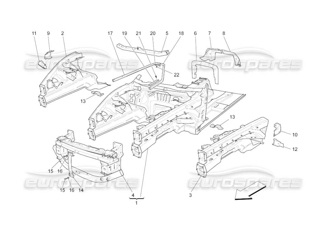 maserati grancabrio (2011) 4.7 schéma des pièces des cadres structurels avant et des panneaux en tôle