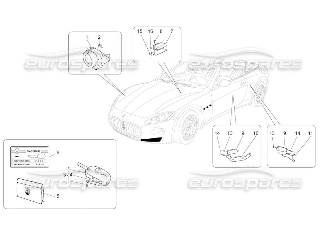maserati grancabrio (2011) 4.7 schéma des pièces du système d'alarme et d'immobilisation