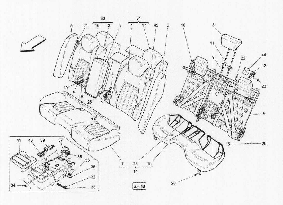 maserati qtp. v6 3.0 bt 410bhp 2wd 2017 sièges arrière : diagramme de pièces des panneaux de garniture