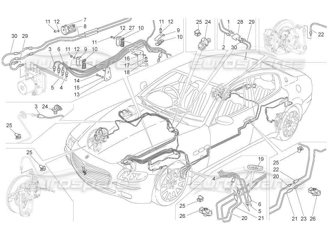 maserati qtp. (2010) 4.2 auto schéma des pièces des dispositifs de freinage sur les roues arrière