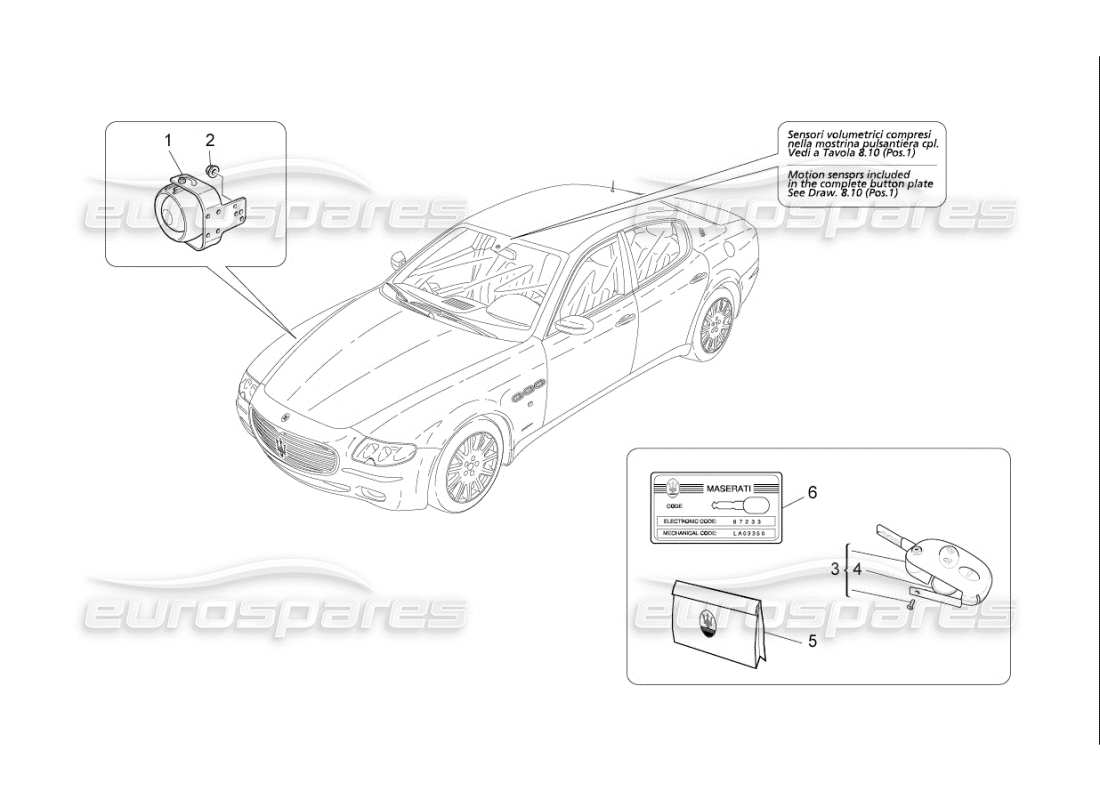 maserati qtp. (2007) 4.2 f1 schéma des pièces du système d'alarme et d'immobilisation