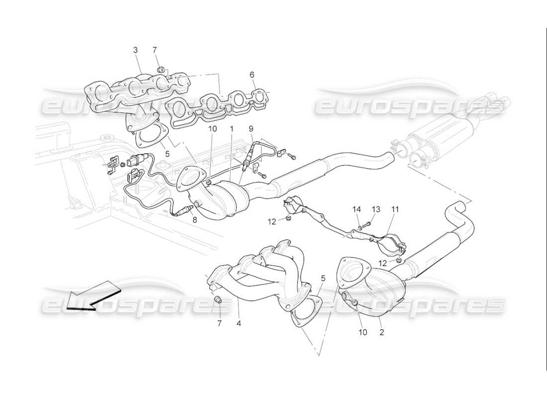 maserati qtp. (2009) 4.7 auto diagramme des pièces des convertisseurs pré-catalytiques et des convertisseurs catalytiques