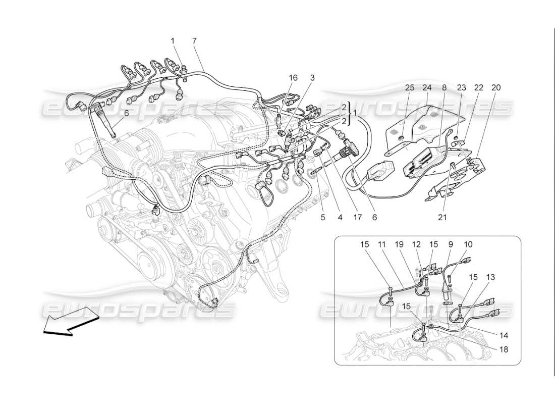maserati qtp. (2010) 4.7 auto commande électronique : diagramme des pièces de commande d'injection et de synchronisation du moteur