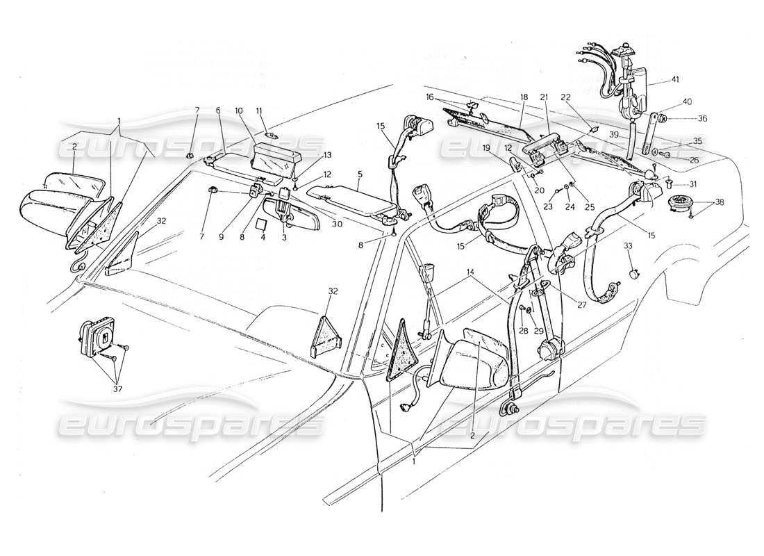 maserati 228 diagramme des pièces des ceintures de sécurité, des rétroviseurs et du pare-soleil