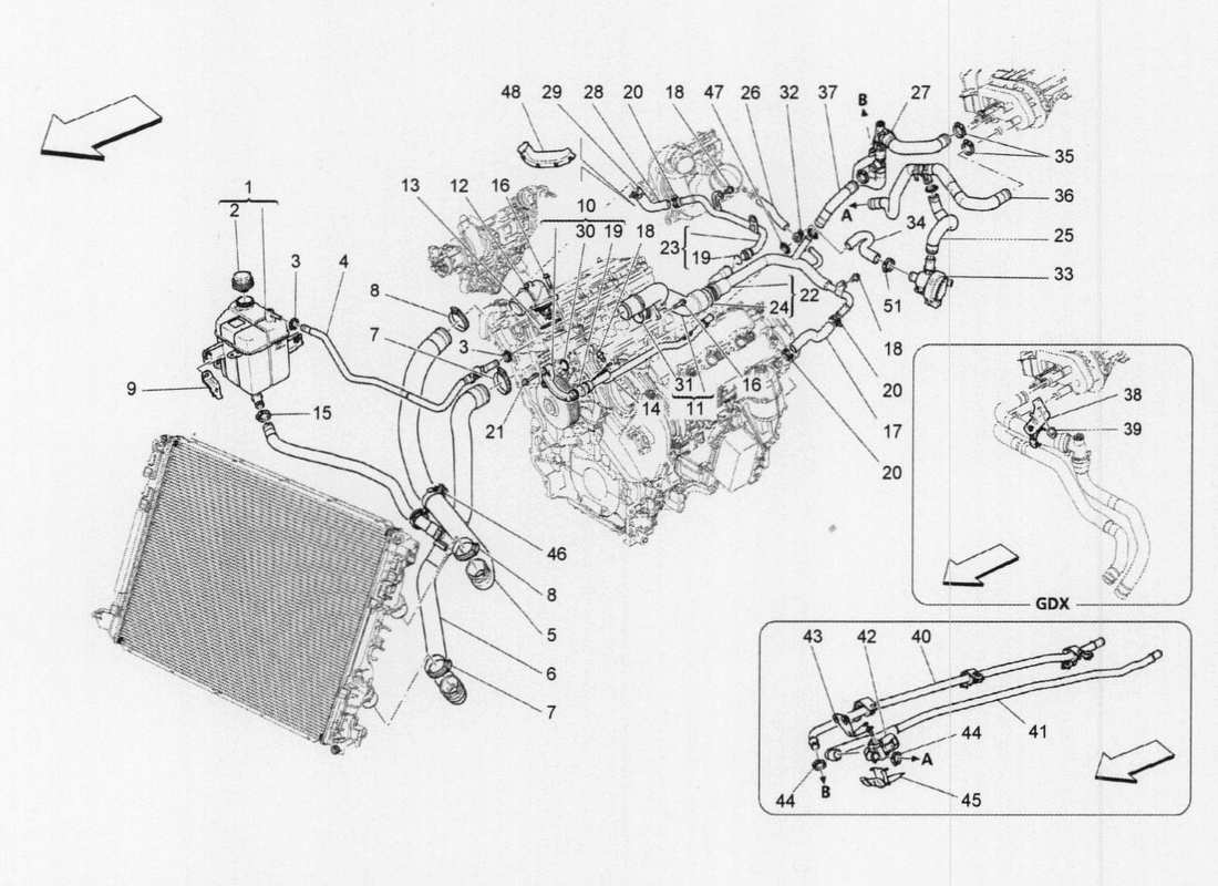 maserati qtp. v6 3.0 tds 275bhp 2017 système de refroidissement : diagramme de pièces nourice et lignes