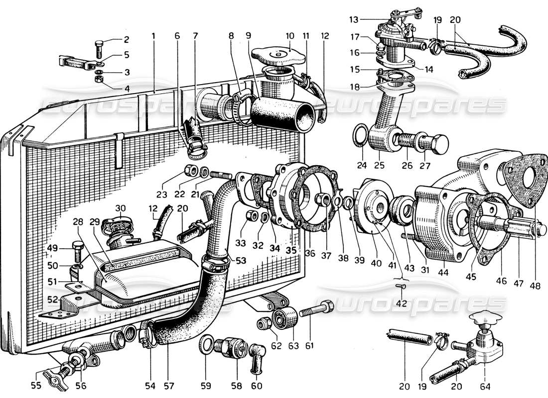 ferrari 330 gtc coupe radiateur et pompe à eau schéma des pièces
