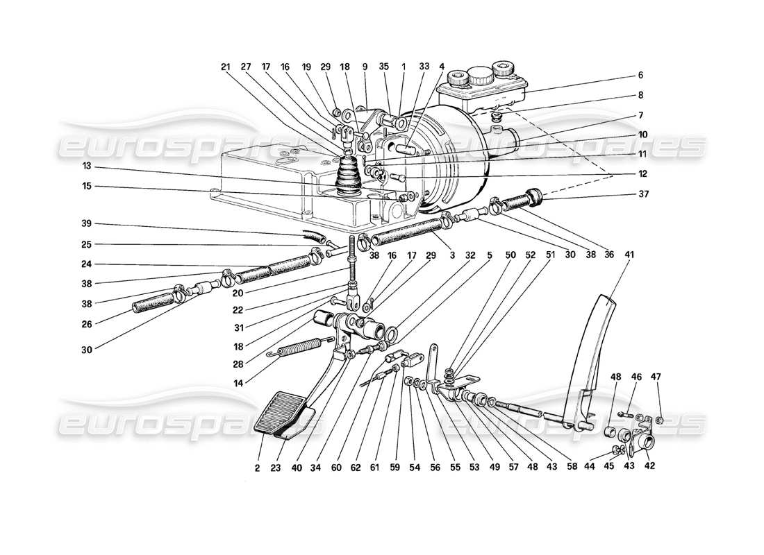 ferrari mondial 8 (1981) commande d'accélérateur et système hydraulique de freinage (variantes pour versions rhd) schéma des pièces