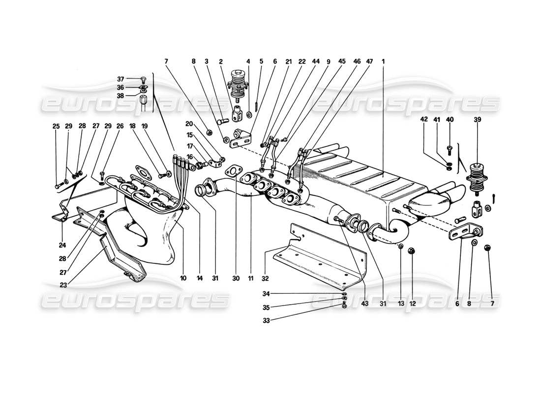 ferrari 308 gtb (1980) système d'échappement (variantes pour la version aus) schéma des pièces