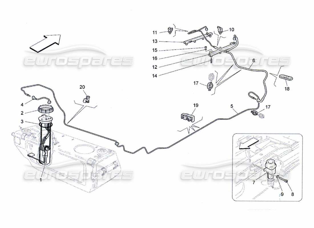 maserati qtp. (2010) 4.7 schéma des pièces des pompes à carburant et des conduites de connexion