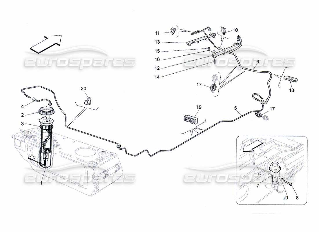 maserati qtp. (2010) 4.7 schéma des pièces des pompes à carburant et des conduites de connexion