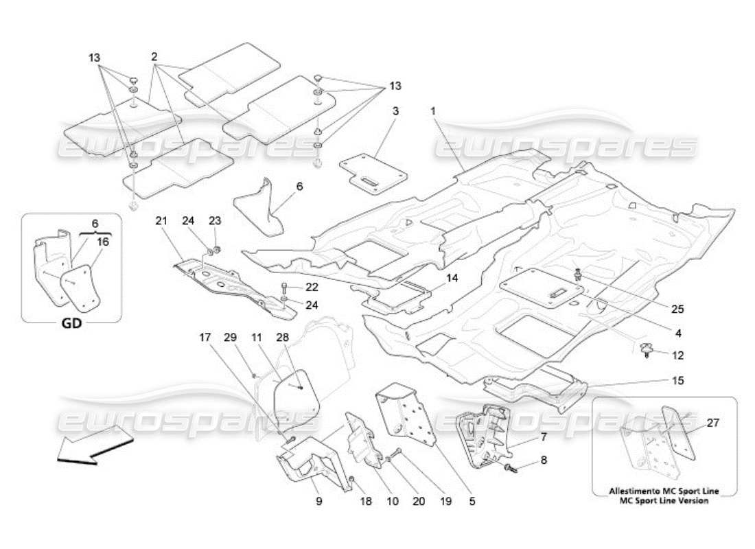 maserati qtp. (2005) 4.2 tapis pour habitacle passagers schéma des pièces