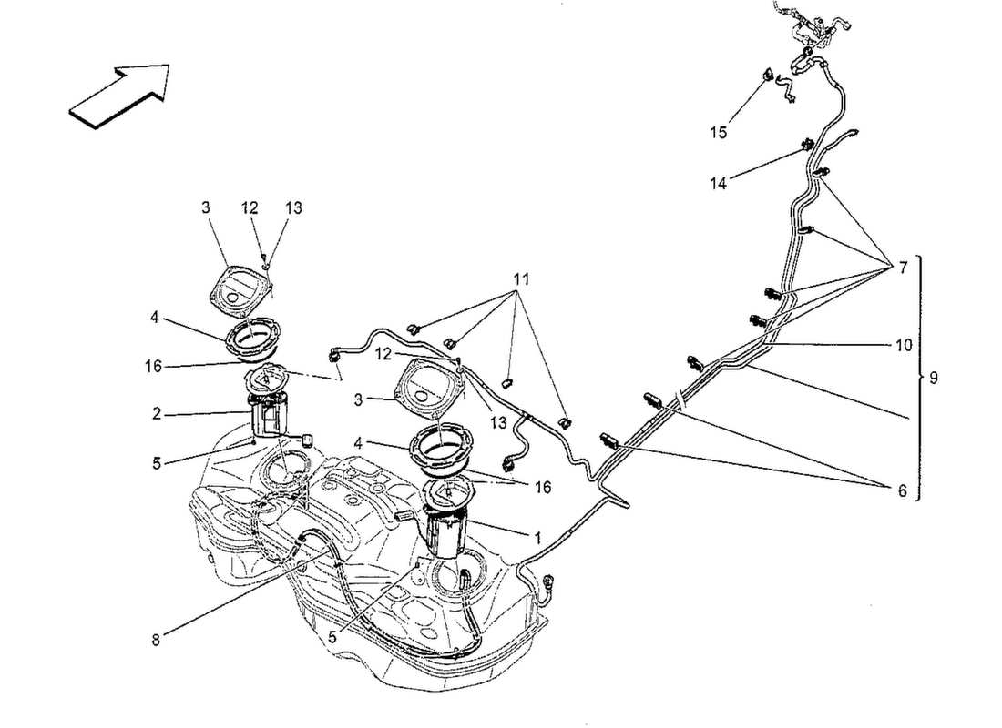 maserati qtp. v8 3.8 530bhp 2014 schéma des pièces des pompes à carburant et des conduites de connexion