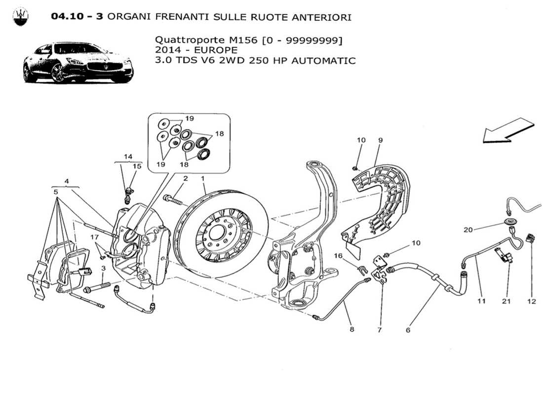 maserati qtp. v6 3.0 tds 250bhp 2014 schéma des pièces des dispositifs de freinage sur les roues avant